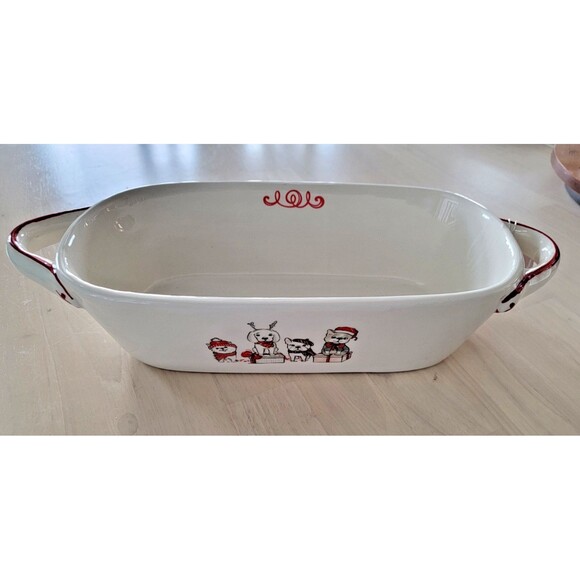 Whimsical Cupboard Ceramic Oblong Christmas Dog Themed Ovenproof Dish NEW 11x8x3 - Picture 1 of 8